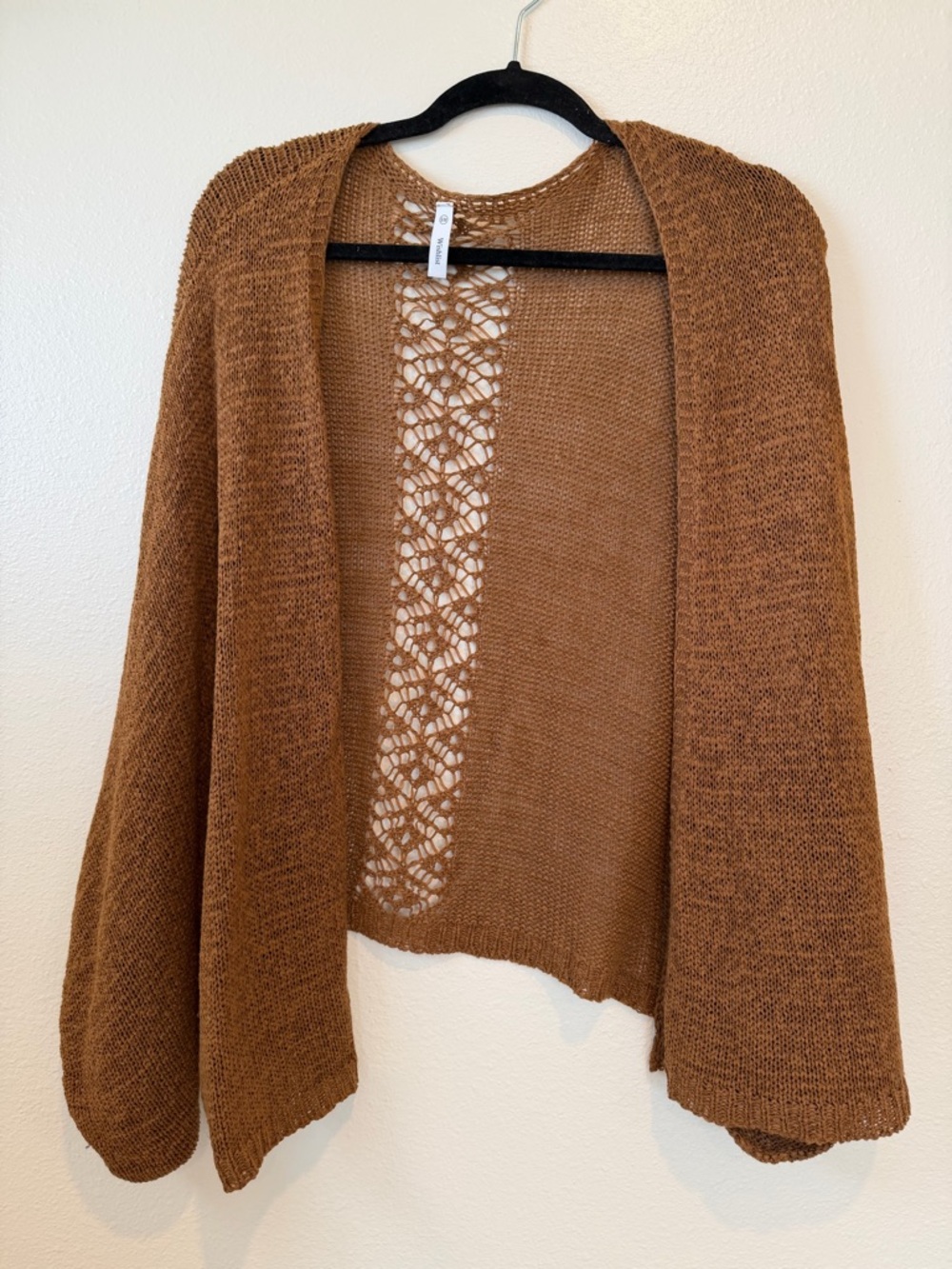 Wishlist Open-Front Cinnamon Brown Crochet-Back Cardigan
